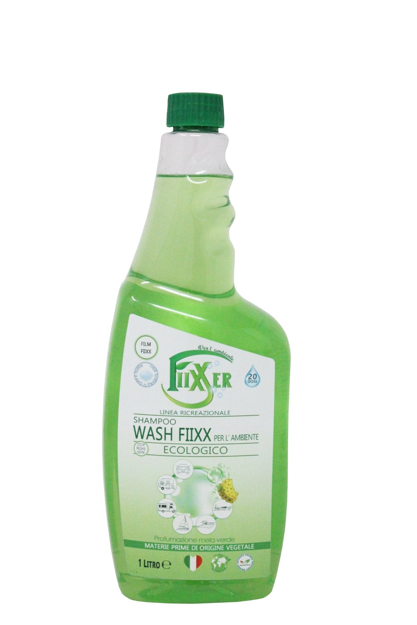 Shampoo ecologico per camper e veicoli. Formula efficace, 1 litro per 20 dosi. Codice EAN: 8054752800243.