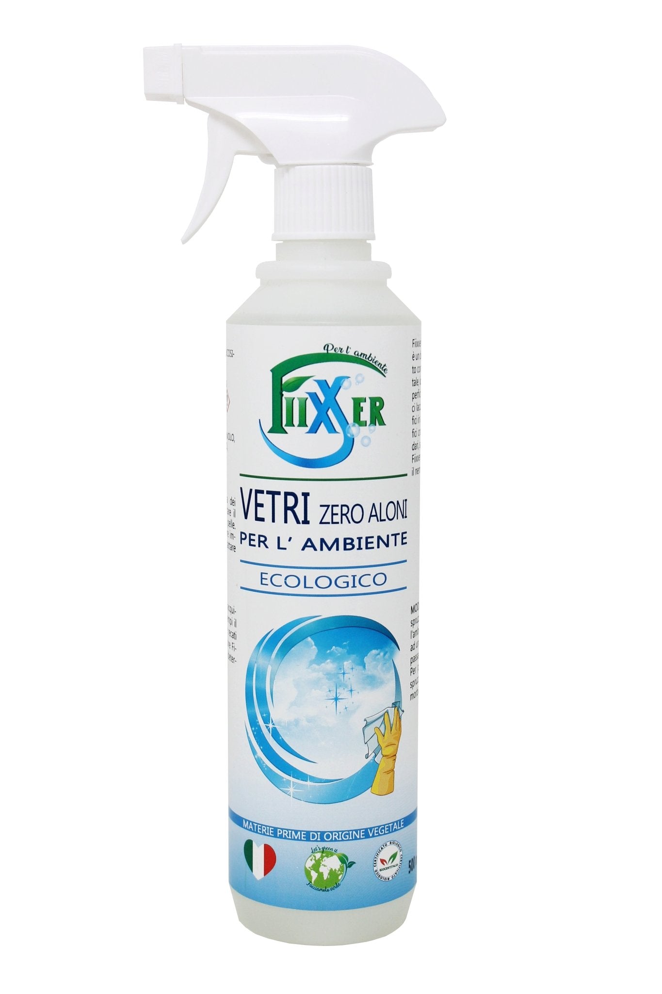 Detergente vetri ecologico Zero Aloni Fiixxer per una pulizia brillante senza tracce. Formulato con ingredienti vegetali, EAN: 8054752800168