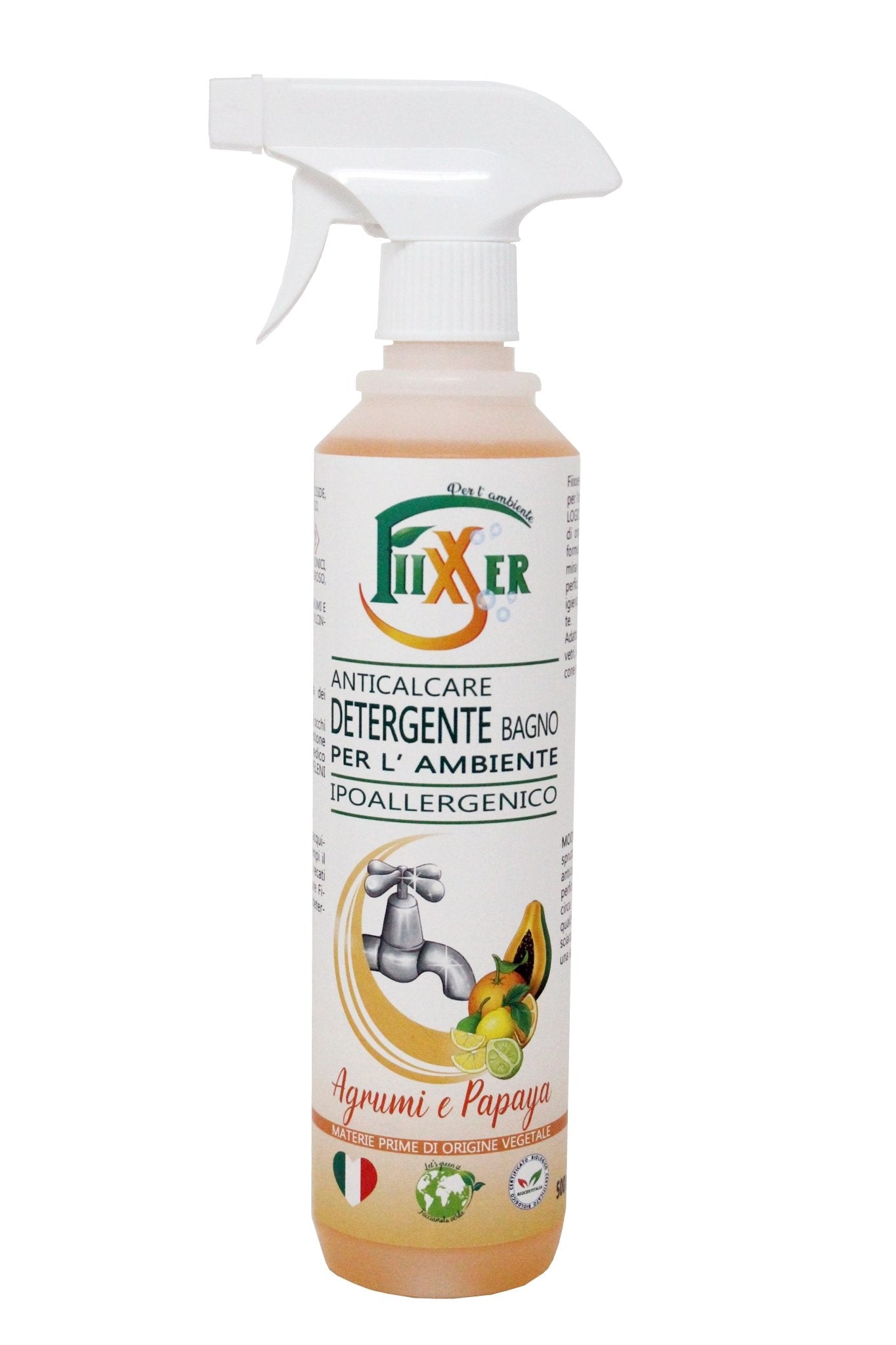 Detergente bagno piastrelle acciaio anticalcare superfici agrumi e papaya Fiixxer ecologico ipoallergenico biologico profuma