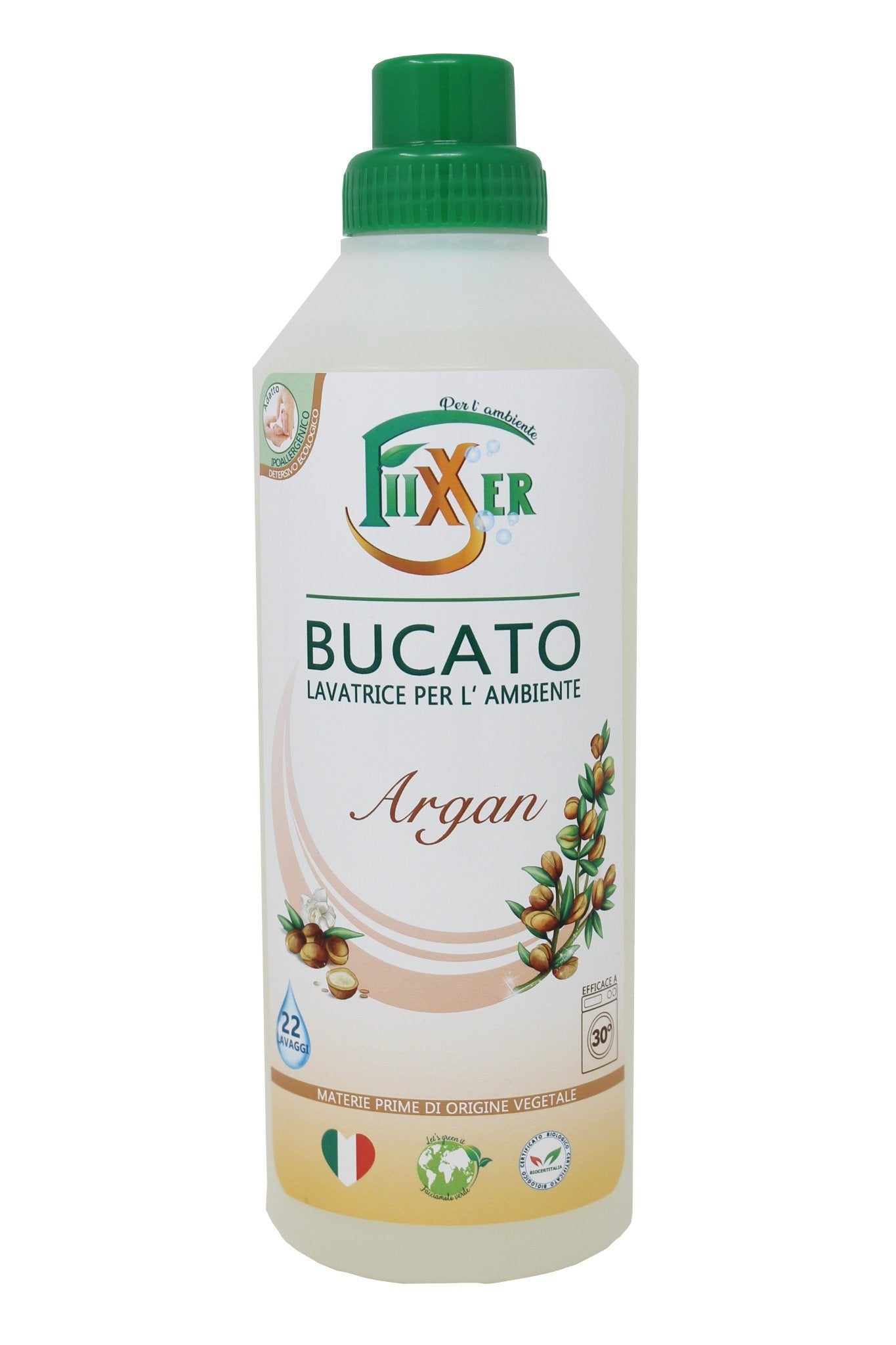 Bucato lavatrice Argan Fiixxer detersivo concentrato ecologico ipoallergenico biologico elimina macchie profuma il bucato