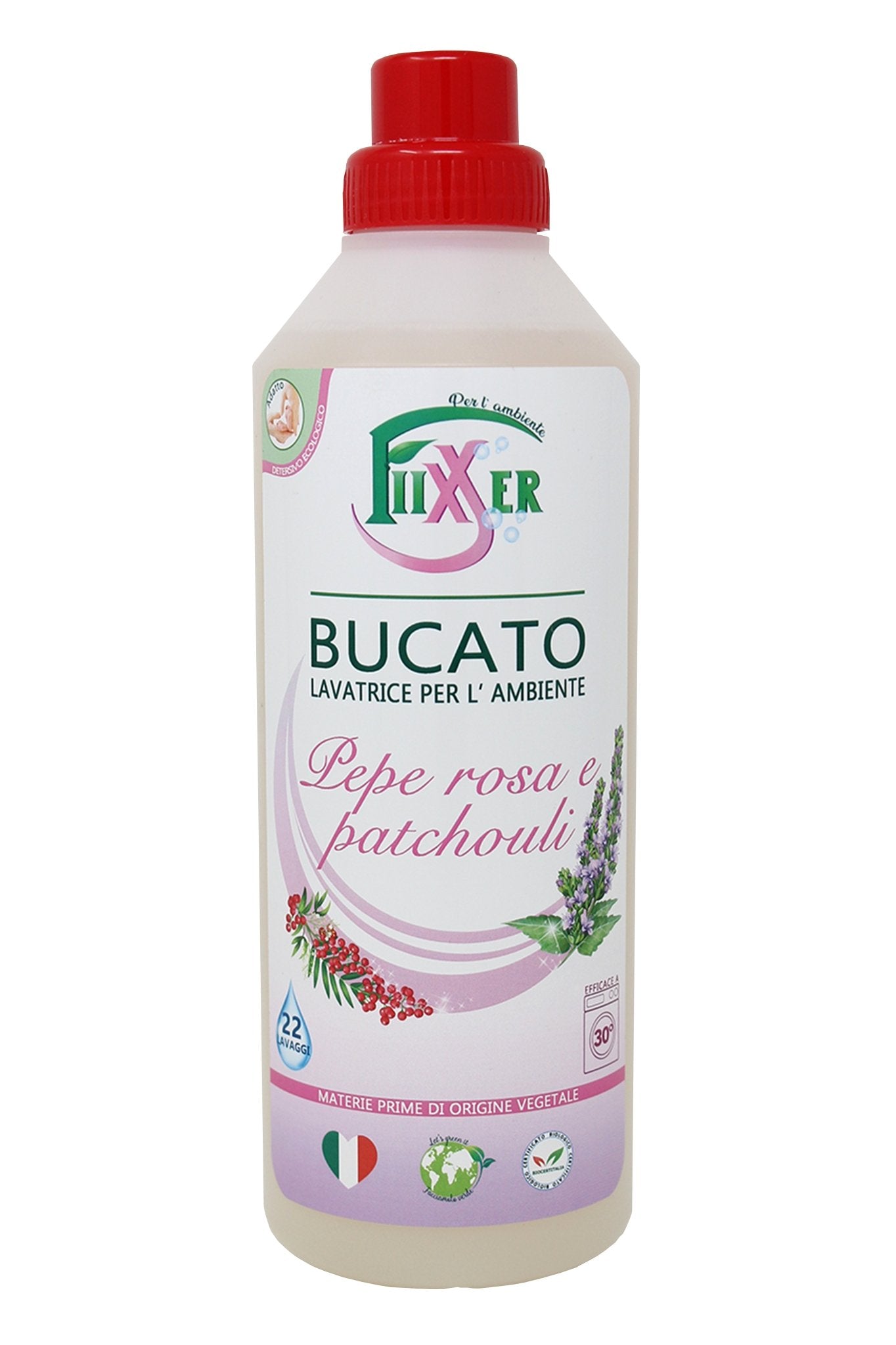 Bucato lavatrice Pepe rosa Patchouli Fiixxer detersivo concentrato ecologico ipoallergenico biologico elimina macchie profuma