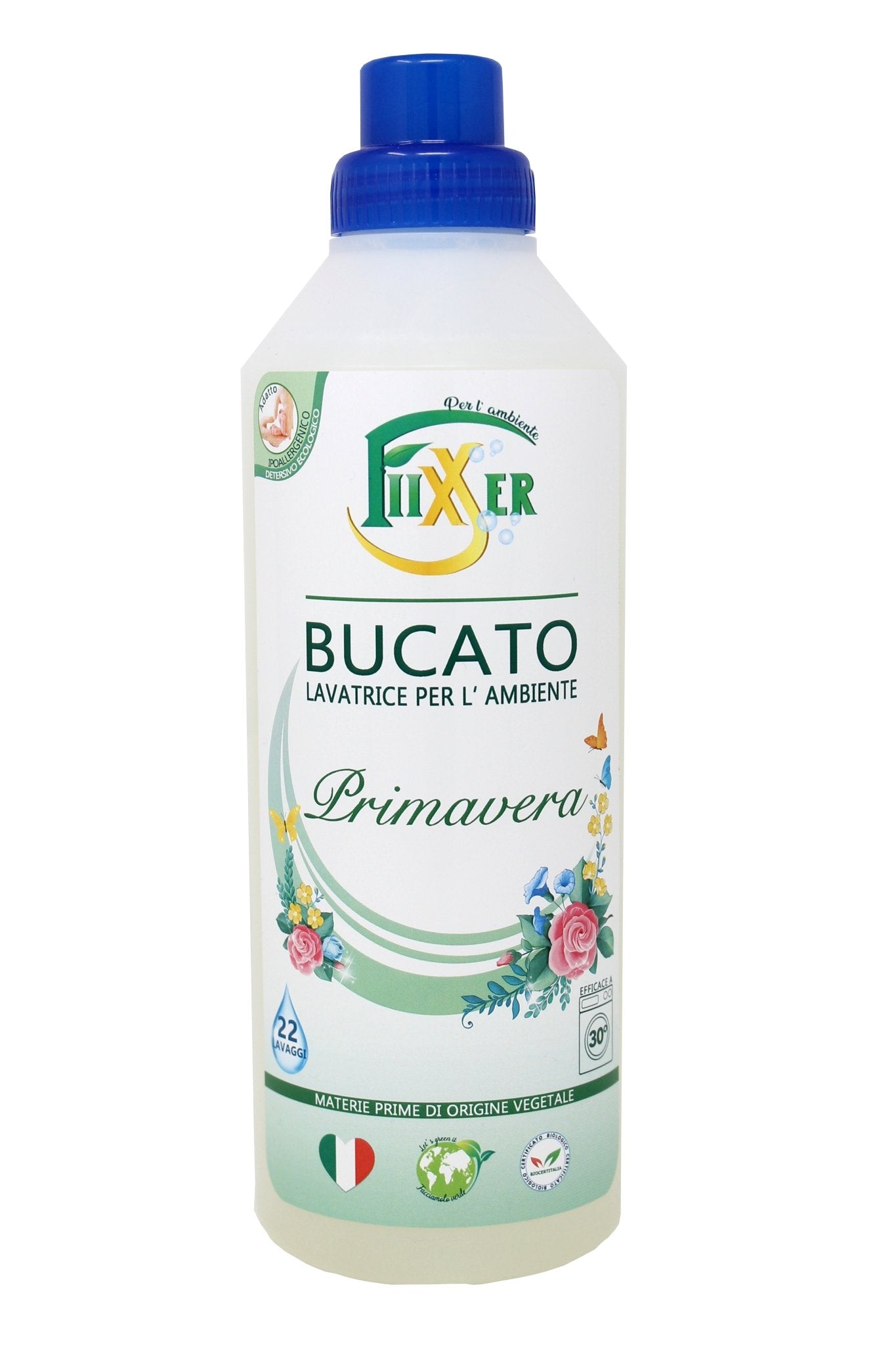 Bucato lavatrice Primavera Fiixxer detersivo concentrato ecologico ipoallergenico biologico elimina macchie profuma il bucato