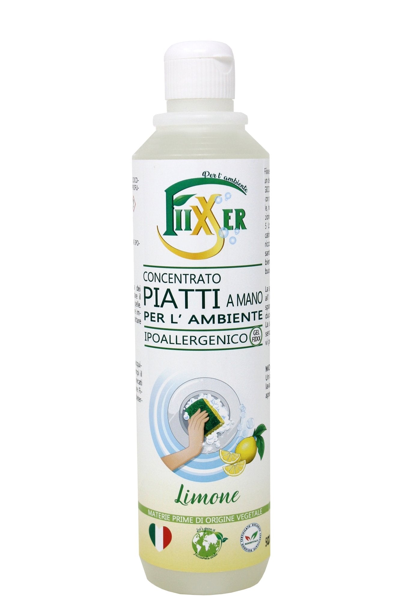 Detersivo concentrato piatti a mano limone Fiixxer ecologico biologico ipoallergenico riduce le reazioni allergiche.