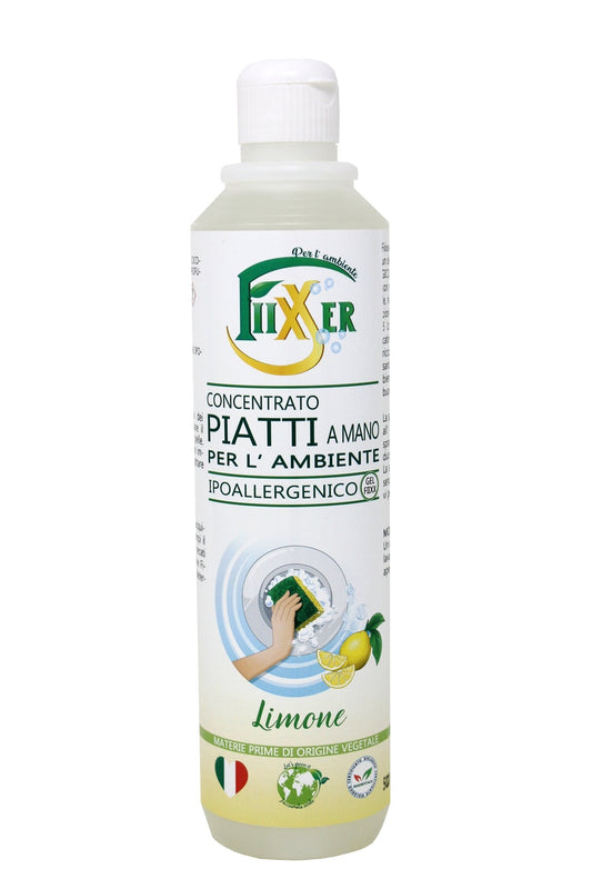 Detersivo concentrato piatti a mano limone Fiixxer ecologico biologico ipoallergenico riduce le reazioni allergiche.