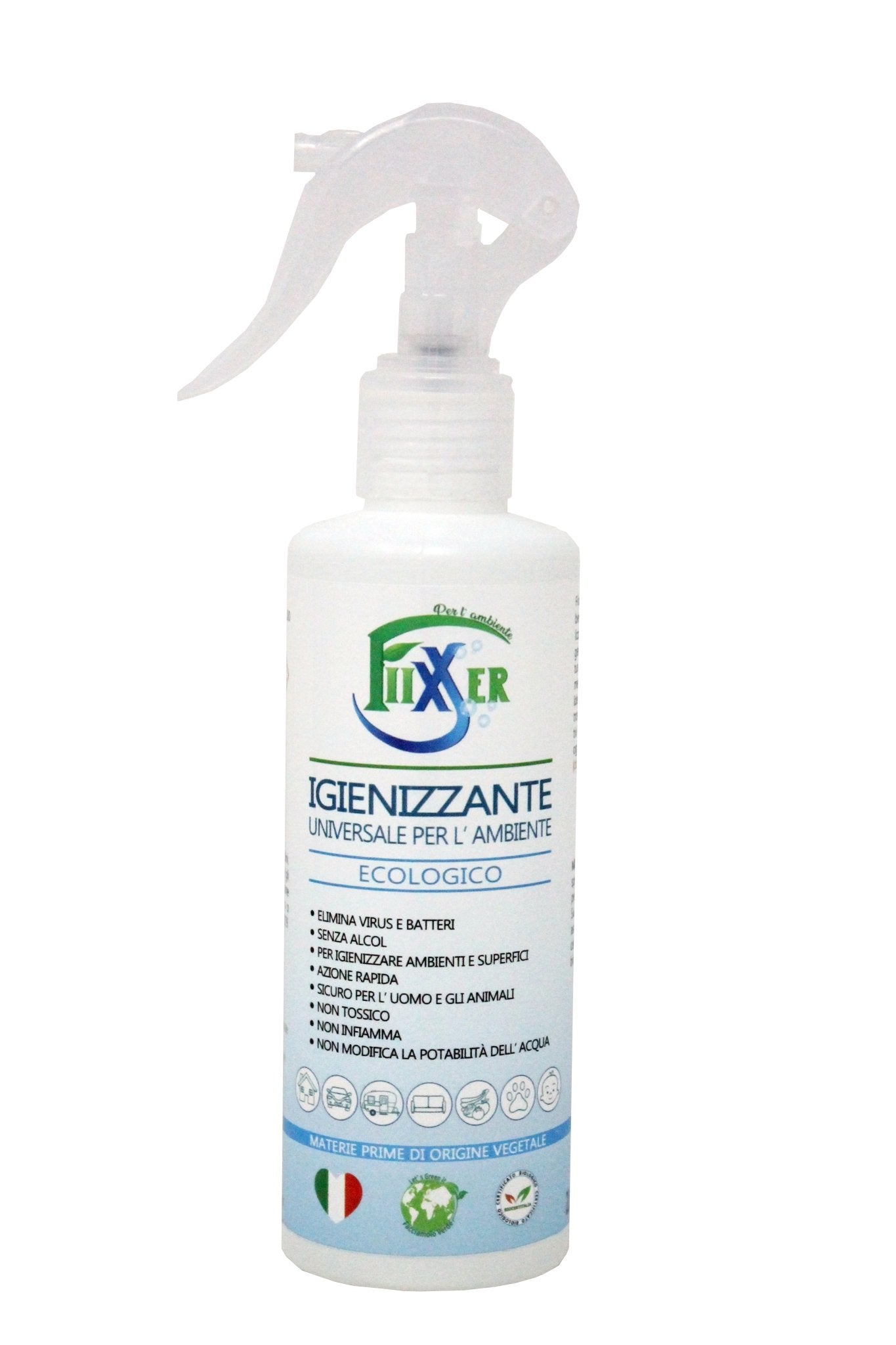 Igienizzante universale Fiixxer detergente ecologico biologico ipoallergenico virucida battericida cibi giochi oggetti luoghi